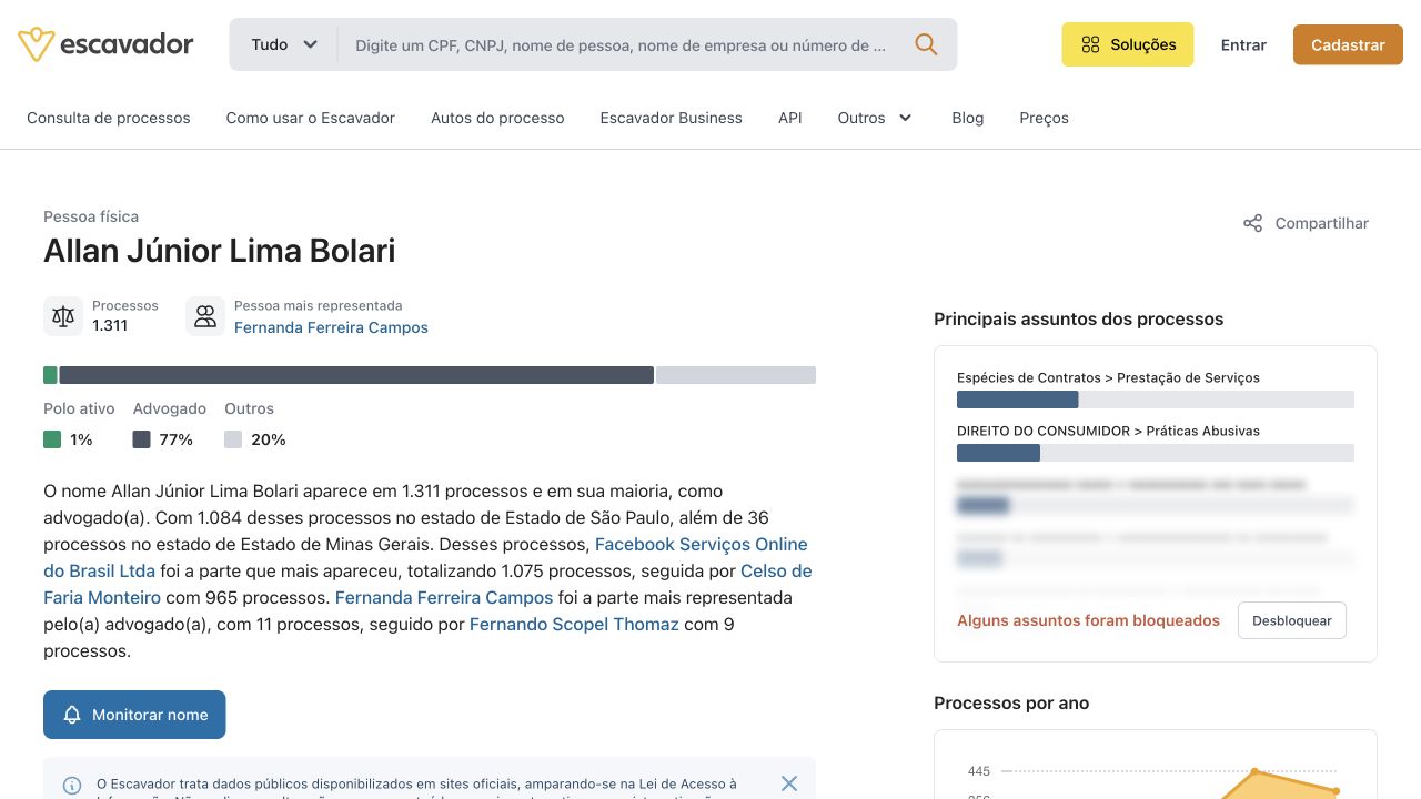 Consulta pública no Escavador em nome de Allan Júnior Lima Bolari, mostrando 1.311 processos